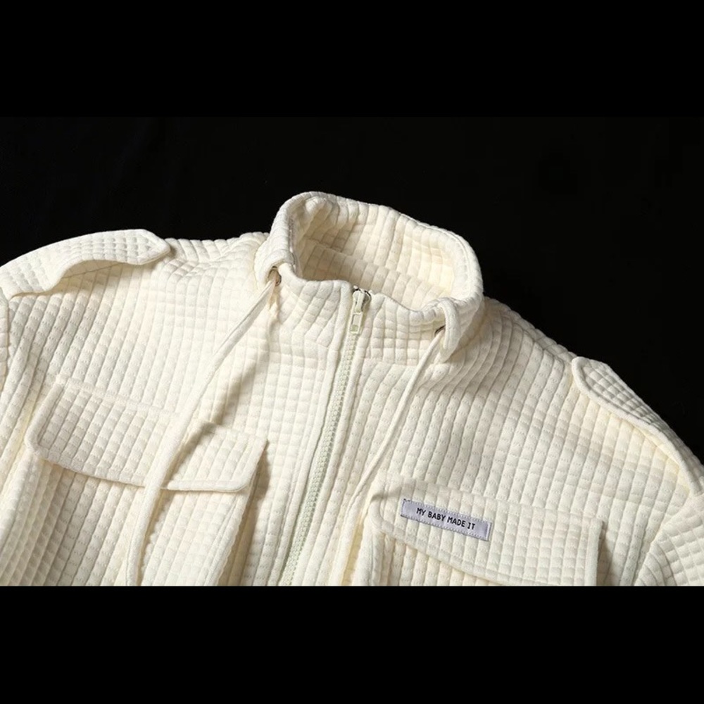 Jacket streetwear pockets cream white waffle fabric hip hop - Picture 10 of 11